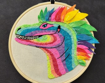 Ross The Neon Rainbow Raptor Dinosaur Home Decor 6 Inch Hand Embroidered Art. gift for her/ gift for him/ feathers