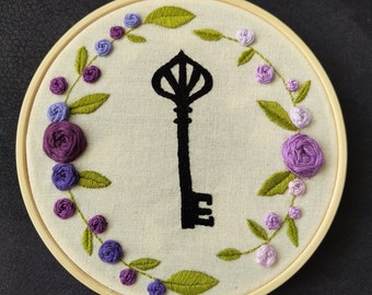 Floral Key And Roses 6 Inch Hand Embroidered Hoop Art Cottage Core Home Decor. gift for her/ house warming