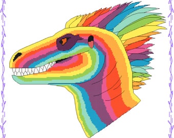 Downloadable PDF Richard The Rainbow Raptor Cross stitch pattern instant download/ gift ideas/ diy/gift for her/ gift for him