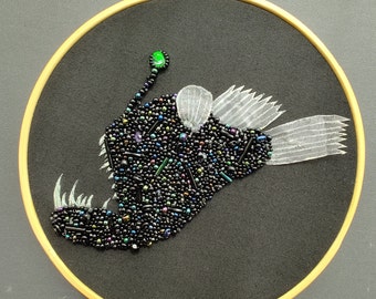 Bead Embroidery 6 Inch LED Light Up Angler Fish. Ready to ship/ home decor