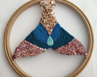 Teal And Rose Gold Mermaid Tail 6 Inch Hand Embroidered Tulle Art.