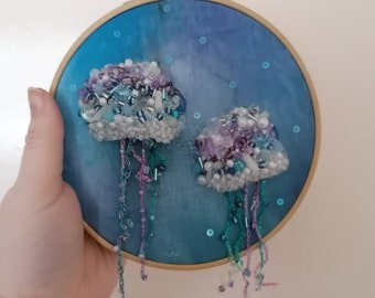 Jellyfish 6 Inch Beaded Hand Embroidered Art Piece With UV Lighting.