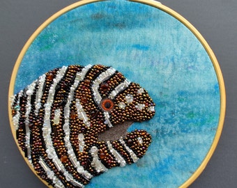 Zebra Moray Eel 6 Inch Hand Embroidered, Beaded Art Piece. ready to ship/ gift/ home decor