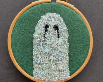Beaded Ghost 4 Inch Hand Embroidered Art Piece ready to ship/ Halloween/ gift idea/ home décor/ gothic