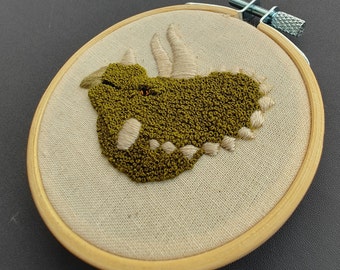 Mini 3 Inch Triceratops Hand Embroidered hoop art/ ready to ship gift for her gift for him home decor dinosaur hand made