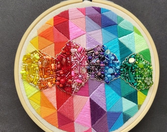 Bead Embroidered Art Piece Rainbow Geometric wall hanging, ready to ship, gift for her, gift for him, home decor