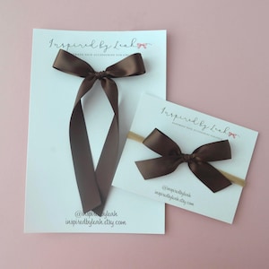 Brown Satin Long Tail Hair Bow: Baby Girl Headband or Clip