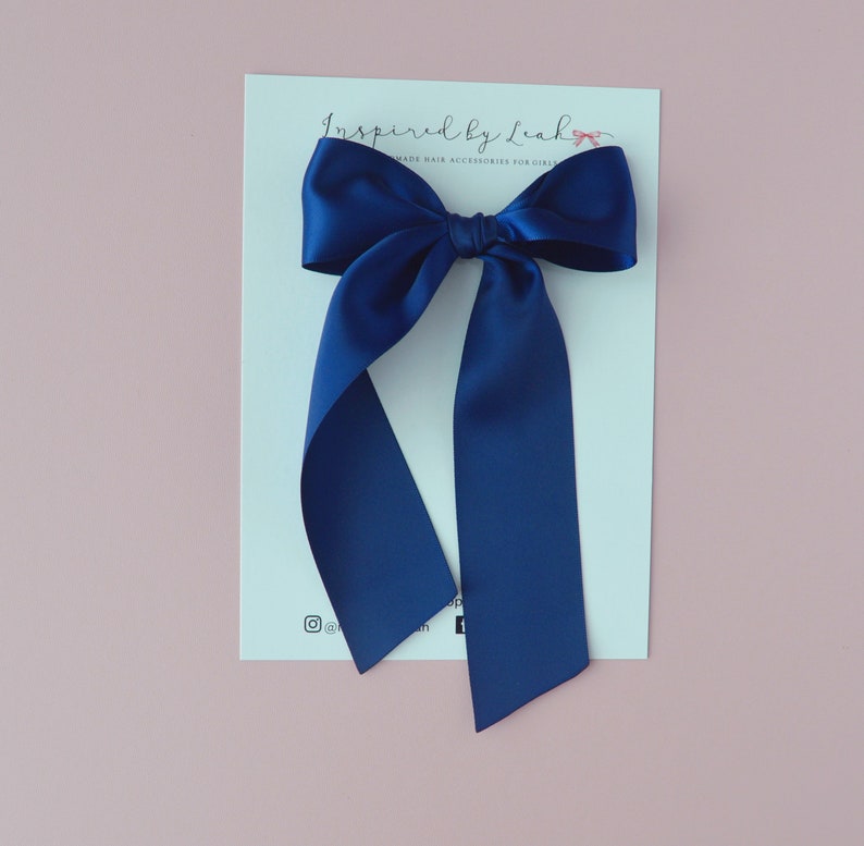 Navy Satin Long Tail Hair Bow. Baby Girl Satin Bow. Long Hair Bow. Girl Navy Bow. Adult Long Tail Hair Bow. Momma Bow. Navy Satin Bow. image 2