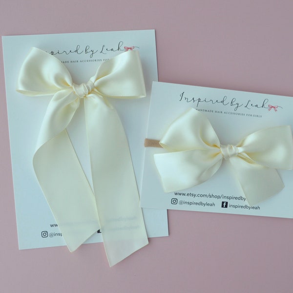 Ivory Satin Long Tail Hair Bow. Baby Girl Satin Bow. Long Hair Bow. Girl Ivory Bow. Adult Long Tail Hair Bow. Momma Bow. Ivory Satin Bow.