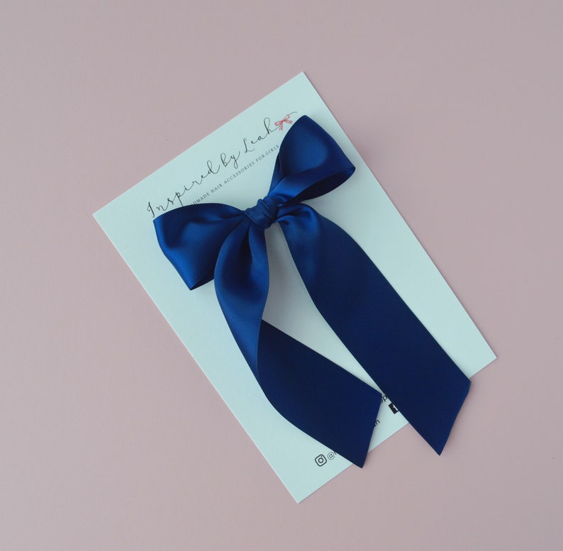 Navy Satin Long Tail Hair Bow. Baby Girl Satin Bow. Long Hair Bow. Girl Navy Bow. Adult Long Tail Hair Bow. Momma Bow. Navy Satin Bow. image 3