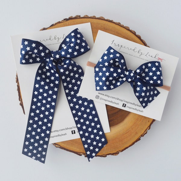 Navy and White Stars Long Tail Hair Bow. Baby Girl Bow. Long Hair Bow. Girl Navy Bow. Adult Long Tail Hair Bow. Patriotic Bow. Navy Headband