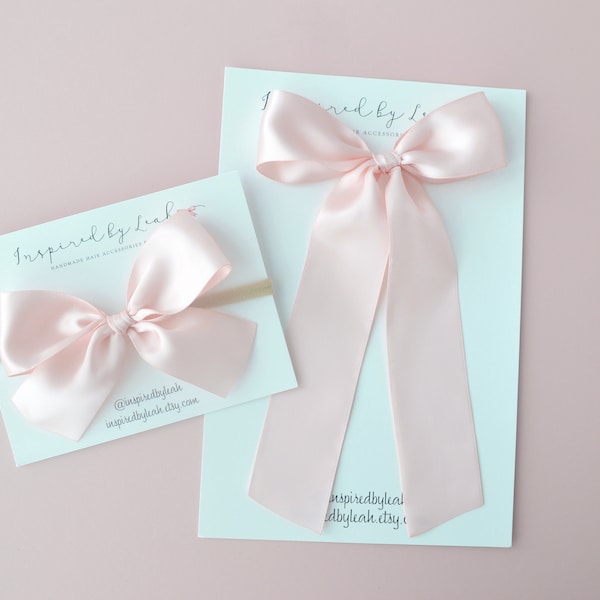 Pink Blush Satin Long Tail Hair Bow. Baby Girl Satin Bow. Long Hair Bow. Girl Pink Bow. Adult Long Tail Hair Bow. Momma Bow. Blush Long Bow.