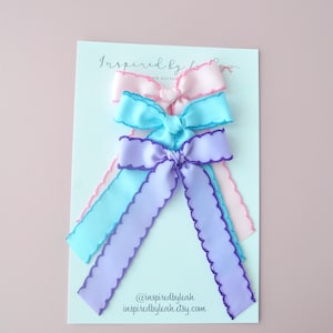 Moonstitch Hair Bow for Girls. Pink Moonstitch Bow. Purple Moonstitch Bow. Aqua Moonstitch Bow. Long Hair Bow Girls. Pink Long Bow.