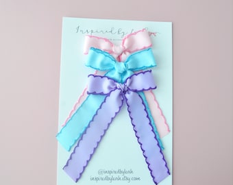 Moonstitch Hair Bow for Girls. Pink Moonstitch Bow. Purple Moonstitch Bow. Aqua Moonstitch Bow. Long Hair Bow Girls. Pink Long Bow.