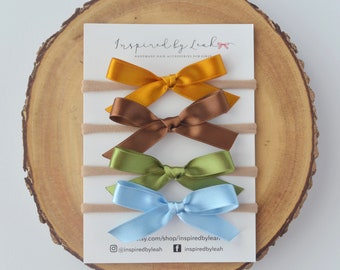 Mustard, Brown, Green, Blue Satin Bows. Newborn Satin Headband. Girl Satin Bows. Dainty Bows. Blue Satin Headband. Satin Headband.