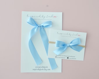 Dusty Blue Long Tail Hair Bow. Blue Bow Headband Baby. Long Hair Bow. Girl Satin Bow. Adult Long Tail Hair Bow. Skinny Satin Bow.