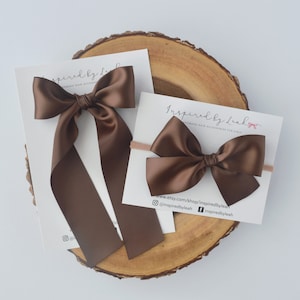 Brown Satin Long Tail Hair Bow: Baby Girl Headband or Clip