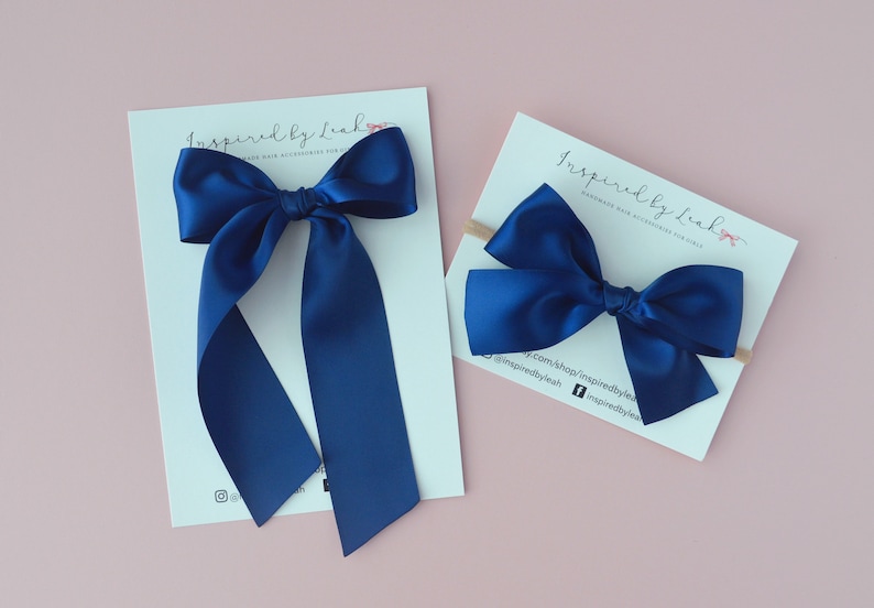 Navy Satin Long Tail Hair Bow. Baby Girl Satin Bow. Long Hair Bow. Girl Navy Bow. Adult Long Tail Hair Bow. Momma Bow. Navy Satin Bow. image 1