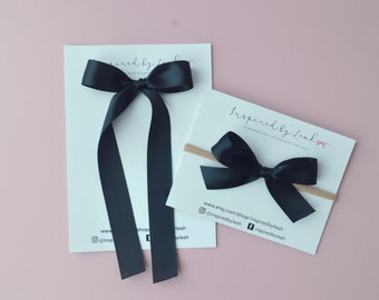 Black Long Tail Hair Bow. Black Bow Headband Baby. Long Hair Bow. Girl Black Satin Bow. Adult Long Tail Hair Bow. Skinny Satin Bow.