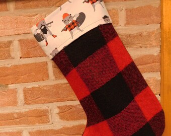 Christmas stocking, hunter plaid stocking, red hunter plaid, holiday decoration, lined.