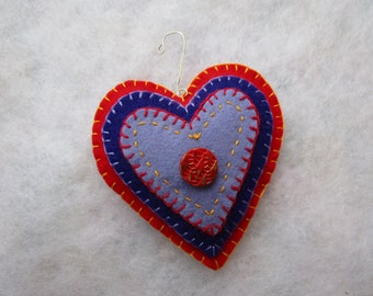Purple and red appliqued heart. vintage red button, Valentine heart.