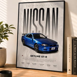 Puede incluir: Un póster enmarcado que muestra un Nissan Skyline GT-R V-Spec II Nur azul. El diseño incluye la palabra NISSAN en letras verticales grandes y especificaciones técnicas: 280 PS, motor 2.6L, velocidad máxima 252 km/h, 0-100 km/h en 5.5s, 392 Nm y 1560 kg.