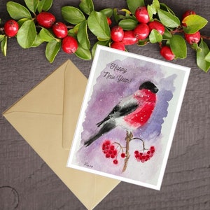 New Years Card / Digital download / Printable DIY Card / A bullfinch sits on a snow-covered rowan branch/ 2 options (simple and folding)