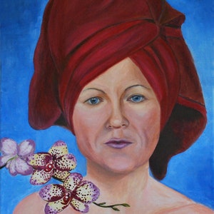 Self-portrait, 2022. Oil painting on canvas, woman portrait with orchidea.