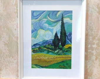 Replica of Van Gogh's painting "Wheat Field with Cypress", soft pastel, A4, with white frame