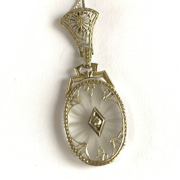 Art Deco 14k Gold  Oval Camphor Glass  Diamond Pendant Necklace