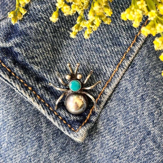 Sterling Silver Turquoise Navajo Spider Pin Brooch - image 10