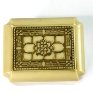 Vintage Cream Colored Celluloid Velvet and Satin Lined Ring Box For Bridal Set Gold Floral Detail
