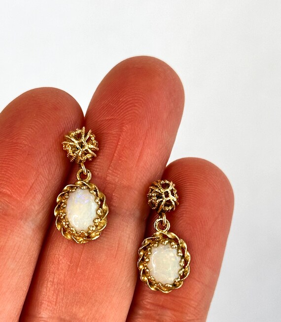 14k Yellow Gold Oval Opal Filigree Dangle Earrings - image 6