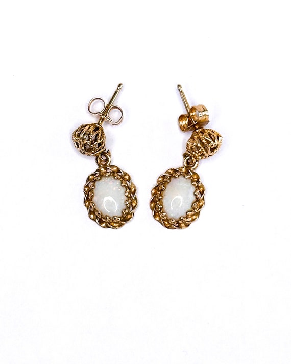 14k Yellow Gold Oval Opal Filigree Dangle Earrings - image 1