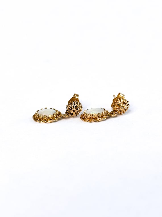 14k Yellow Gold Oval Opal Filigree Dangle Earrings - image 4