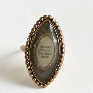 9k Rose Gold Georgian Navette Mourning Ring With Hair And Phrase Sacred To Friendship