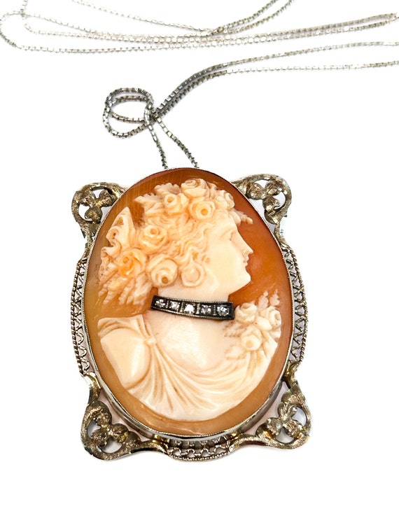 Oval Victorian 14k White Gold Cameo Habille Pendan