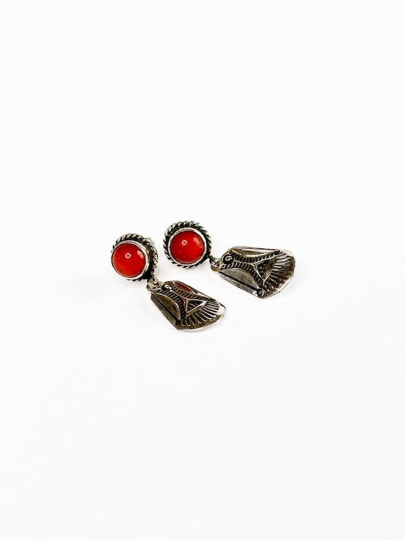 Sterling Silver Red Coral Oval Navajo Dangle Earr… - image 2