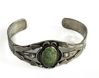 Fred Harvey Era  Sterling Silver Oval Turquoise Cuff Bracelet