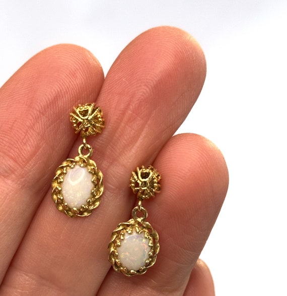 14k Yellow Gold Oval Opal Filigree Dangle Earrings - image 7