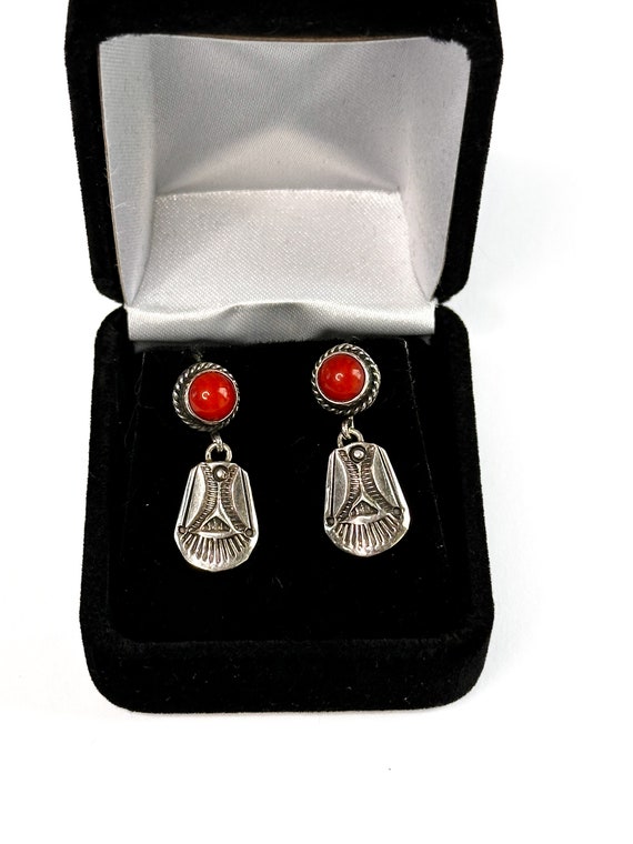 Sterling Silver Red Coral Oval Navajo Dangle Earr… - image 1