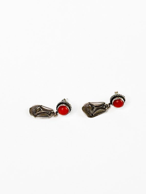 Sterling Silver Red Coral Oval Navajo Dangle Earr… - image 4