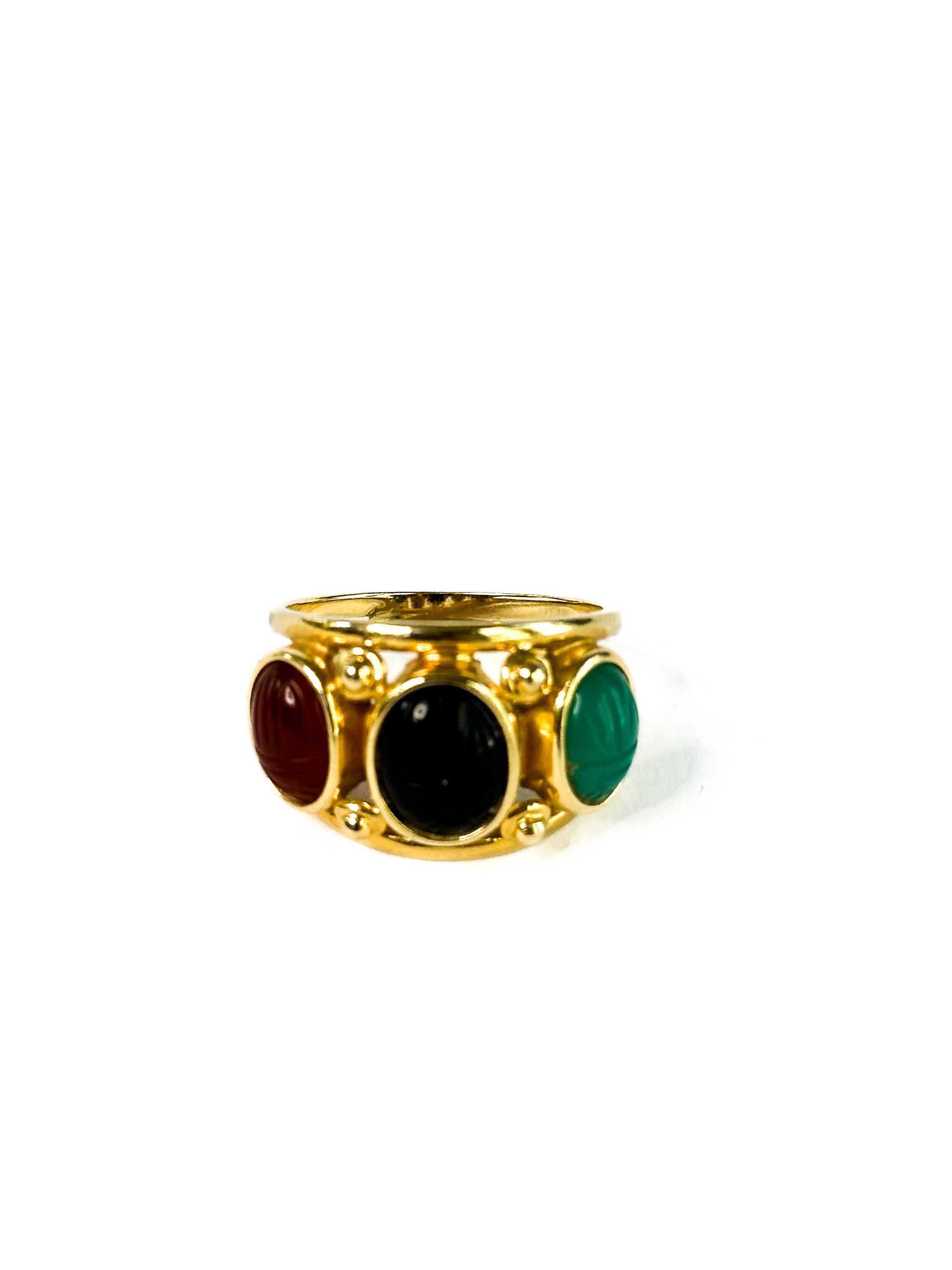 14k Yellow Gold Triple Scarab Ring Onyx Jade Carnelian