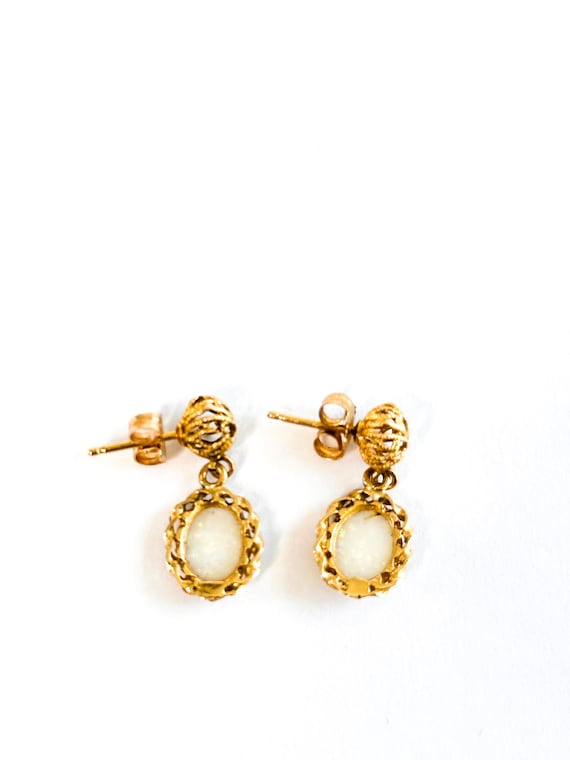 14k Yellow Gold Oval Opal Filigree Dangle Earrings - image 2