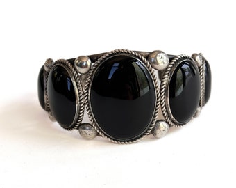 Wide Sterling Silver Oval Black Onyx Navajo Cuff Bracelet