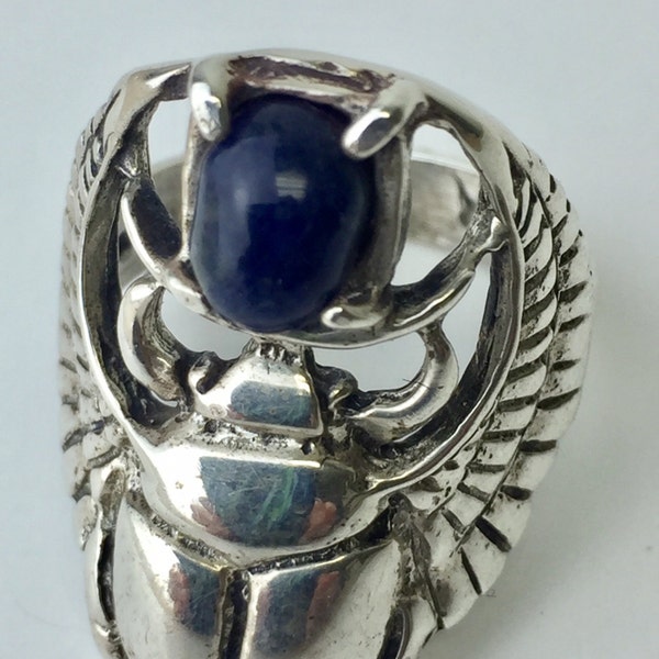 Sterling Silver and Lapis Scarab Ring Vintage 1980's Size 7