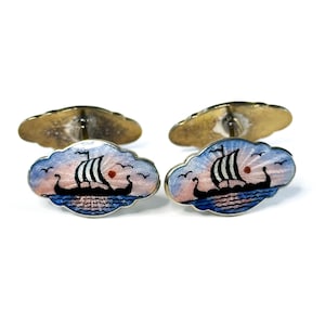 Sterling Silver Guilloche Enamel Norwegian Cufflinks Viking Ship Moose Norse Motif