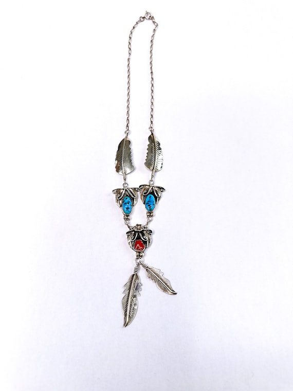 Sterling Silver Turquoise and Red Coral Feather  L