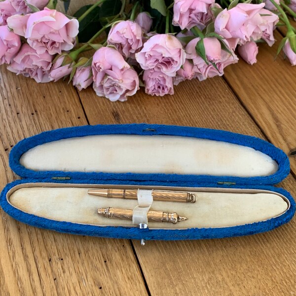 Antique Gold Filled Retractable Pencil Set in Original Velvet Box Chatelaine Pencil Set by Bates & Bacon