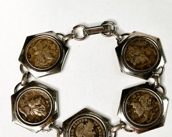 Vintage Coin Bracelet Mercury Dimes and Barber Dimes in Hexagonal Silver Tone Metal Settings Dated 1901 1936 1939 1943 1944